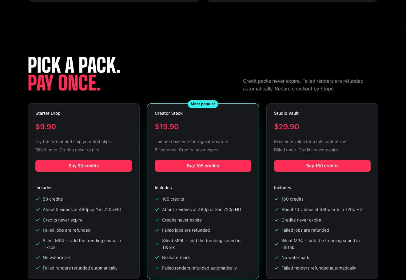 ChatGPT Millionaire AI pricing: Starter Drop $9.90 for 50 credits, Creator Stack $19.90 for 105 credits, Studio Vault $29.90 for 160 credits